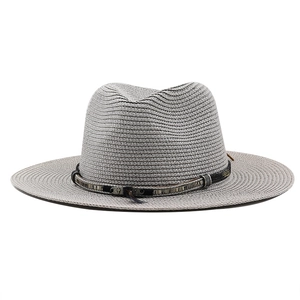 Grey straw fedora hat with black band and feather accent for sun protection