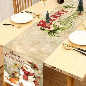 Christmas snowman and squirrel table runner on a rustic wooden dining table setting
