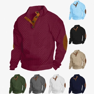 Men Knit Sweater Stand Collar Button Long Sleeve Jacquard Pullover With Elbow Patches Vintage Casual Outdoor Polyester