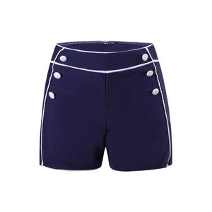 Detail of navy sailor style swimsuit bottoms with white piping and side button accents