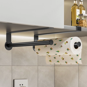 Under Cabinet Paper Towel Holder Punch-Free Kitchen Roll Rack Aluminum Carbon Steel Walnut Wall Mounted Hanging Organizer