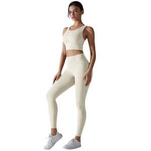 Damen Yoga-Set zweiteilig mit Sport-BH und High-Waist-Leggings in Cremeweiß für Fitness