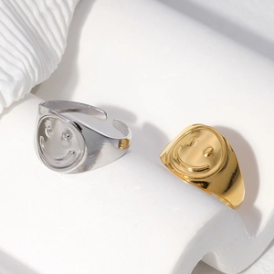 Minimalist Happy Face Pattern Adjustable Ring Stainless Steel Open Band Fadeless Fashion Jewelry Gift For Men And Women