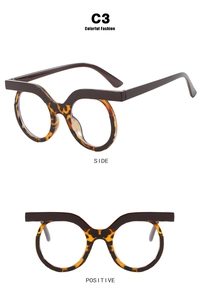 Front and side views of round owl-style tortoise shell anti-blue light glasses frames