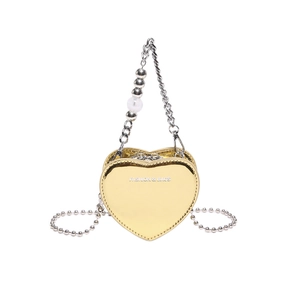 Mini heart-shaped gold metallic crossbody bag with stylish silver ball chain strap