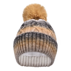 Detail of cable knit pattern and pompom on gradient fleece-lined winter beanie hat