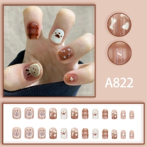 Cute cartoon rabbit brown checkered press-on nail kit 24pcs for women and girls