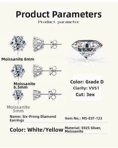 Detail showing S925 silver six-prong moissanite studs in 5mm, 6.5mm, and 8mm sizes