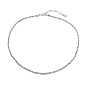 Detail of silver rope chain necklace with lobster clasp and adjustable extension chain