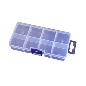 Clear 8-compartment plastic organizer box with purple base and blue secure locking latches
