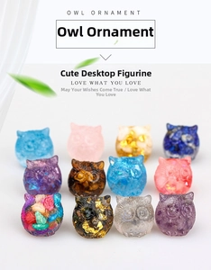 Grid display of twelve handmade owl figurines crafted with various natural crystal stones