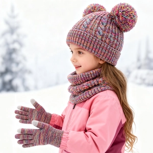Detailed knit texture of colorful winter set with hat, scarf and gloves for kids
