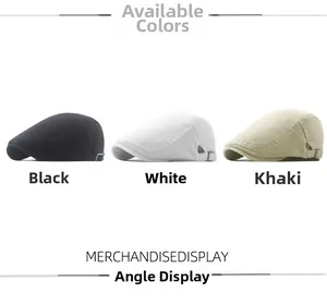 Flat caps in black, white, and khaki with adjustable metal buckles for men