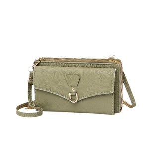 Minimalist green litchi grain leather crossbody phone bag with double zipper and gold hardware