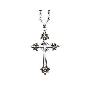 925 silver cross pendant necklace with fleur-de-lis detail on white background