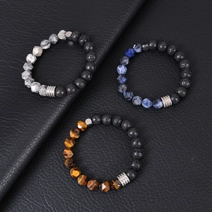 Men's 10mm faceted natural stone elastic bracelets on premium black leather background