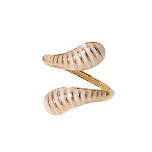 Vintage gold waterdrop open ring with shimmering white enamel swirl design