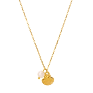 Gold starfish and shell pendant necklace with a small pearl on white background