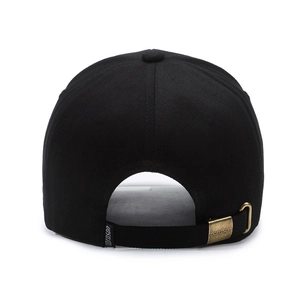 Rear view of black cotton baseball cap featuring adjustable metal buckle strap