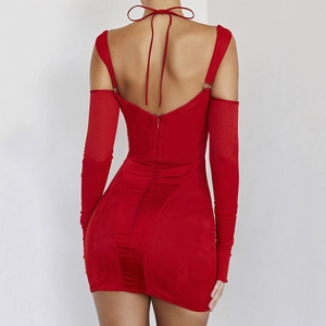 Robe moulante rouge sexy dos nu avec licou et chauffe-bras amovibles à manches longues