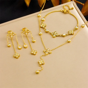 Clover Flower Tassel Necklace Bracelet And Earrings Stainless Steel Rhinestone Elegant Trendy Jewelry For Women