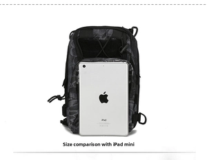Tactical camouflage chest bag size comparison with an iPad mini showing durable nylon texture