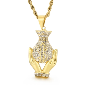 Hip Hop Money Bag Pendant Necklace With Hands Holding Dollar Sign Rhinestone Stainless Steel For Men