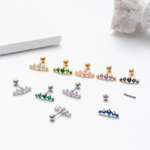 Curved stainless steel stud earrings with five-color zircon and screw ball backings