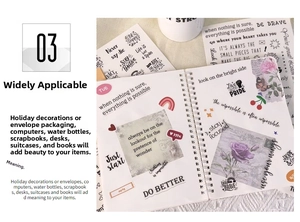 Close-up of minimalist English quote stickers and floral illustrations on a spiral notebook