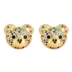 Hip hop teddy bear stud earrings with colorful rhinestones in gold setting