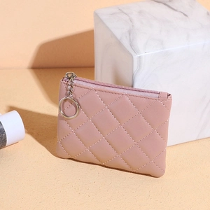 Pink quilted PU leather mini coin purse with metal zipper and silver keychain detail