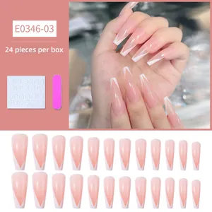 Détails du kit de 24 faux ongles French en V rose avec colle et lime à ongles