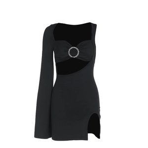Sexy black asymmetric long sleeve dress with waist cutout and crystal ring detail