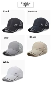 Close-up of mesh baseball caps in black navy grey khaki and white colors with side logo