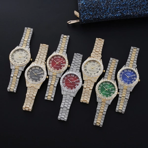 Luxury quartz watch set for men featuring full crystal iced out design with calendar window