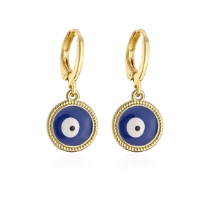 Gold-plated leverback earrings with blue evil eye enamel pendants on white background