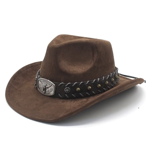 Vintage Western Cowboy Hat Suede Wide Brim Bull Head Metal Buckle Rivet Ethnic Style Outdoor Sun Shade Men Women