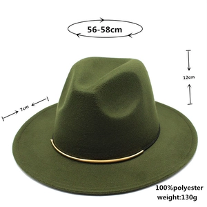 Detailed chart of olive green fedora hat showing 56-58cm size and material specs