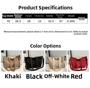 Detailed size chart and dimensions of the large casual canvas tote bag in four colors