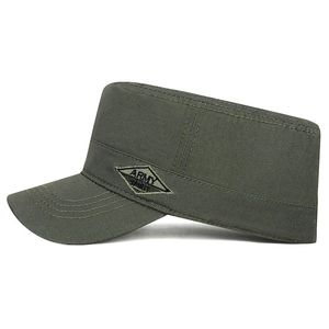 Men's camouflage army flat top cap in olive green with a vintage military spirit patch
