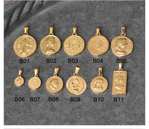 Detailed collection of 18K gold plated titanium steel Roman coin and Elizabeth pendants