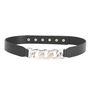 Women black leather belt with silver chunky chain buckle and adjustable metal eyelets