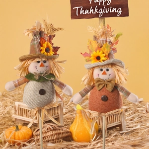 Harvest Thanksgiving scarecrow ornaments with sunflowers and Happy Thanksgiving signs