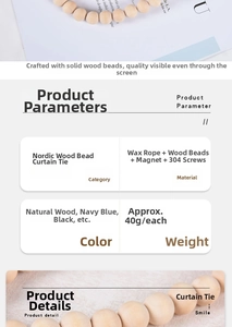 Detail of Nordic wooden bead curtain tieback with magnetic buckle and natural texture