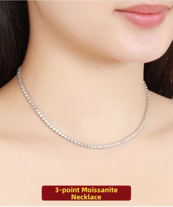Close-up of elegant 3 points moissanite tennis necklace in s925 silver setting