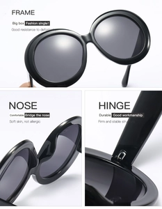 Detail view of the oversized round frame, comfortable nose pads, and metal hinges