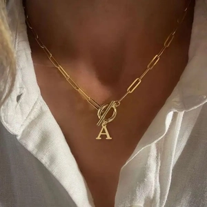 Gold Stainless Steel Initial Pendant Necklace For Women Minimalist Paperclip Chain Toggle Clasp Letter A-Z Jewelry Gift