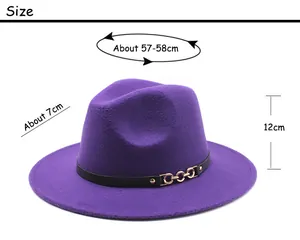Size chart showing 57-58cm circumference and 7cm brim for purple wool jazz hat