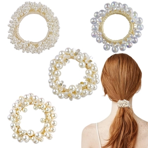 Elastic pearl hair ties set with colorful beads and rhinestones for elegant ponytails