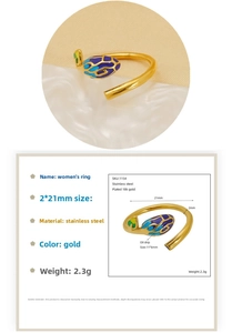 Detail of 18k gold plated leaf ring with colorful enamel inlay and sizing dimensions